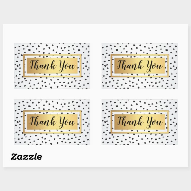 Black and white polka dots, gold frame Thank You Rectangular Sticker (Sheet)