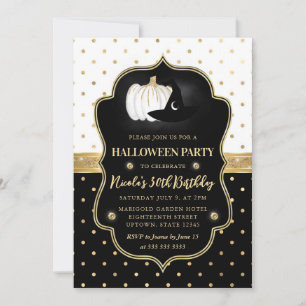 Black and White Polka Dots Halloween Birthday Invitation