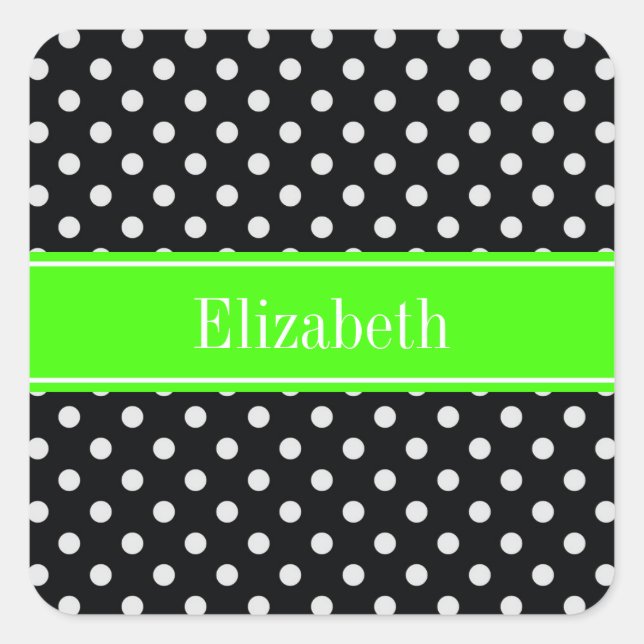 Black and White Polka Dots Lime Name Monogram Square Sticker (Front)