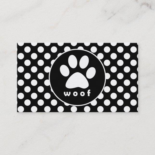 Black and White Polka Dots; Paw Print Business Card (Front)