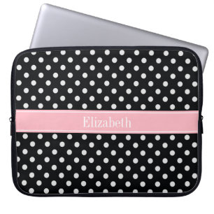 Black and White Polka Dots Pink Name Monogram Laptop Sleeve