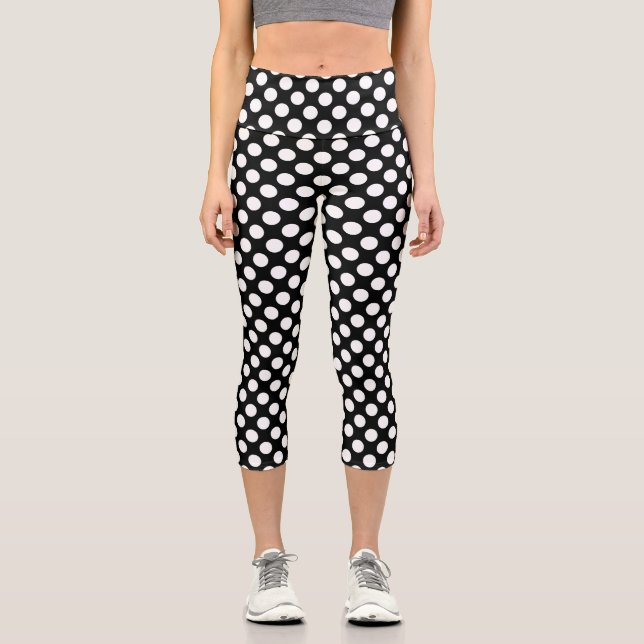 Black and White Polka Dots, Polka Dot Pattern Capri Leggings (Front)