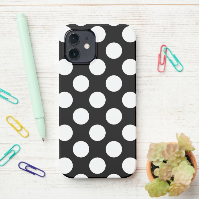Black and White Polka Dots, Polka Dot Pattern iPhone Case (On Desk)