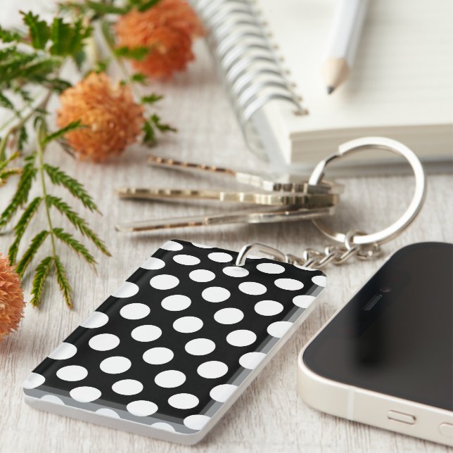 Black and White Polka Dots, Polka Dot Pattern Key Ring (Front Right)