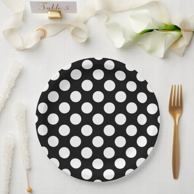 Black and White Polka Dots, Polka Dot Pattern Paper Plate (Wedding)