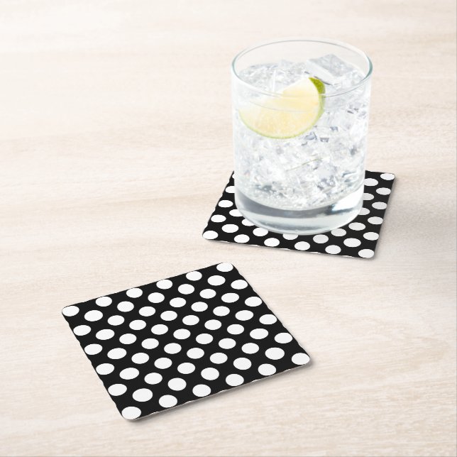 Black and White Polka Dots, Polka Dot Pattern Square Paper Coaster (Insitu)