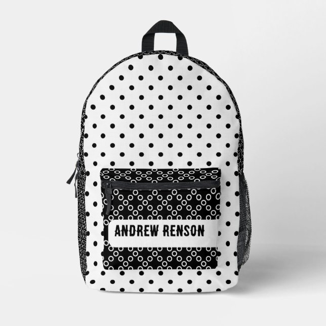 Black and white polka dots printed backpack (Front)