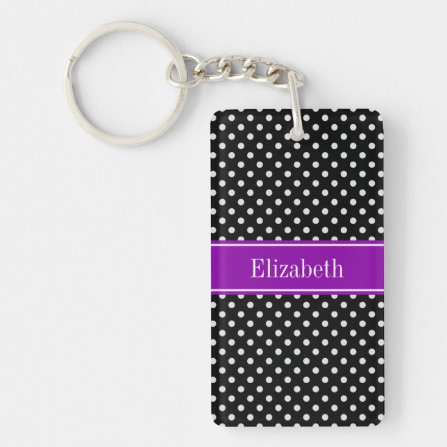 Black and White Polka Dots Purple Name Monogram Key Ring (Front)
