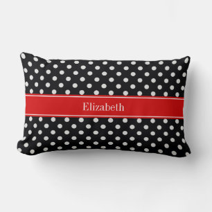 Black and White Polka Dots Red Name Monogram Lumbar Cushion