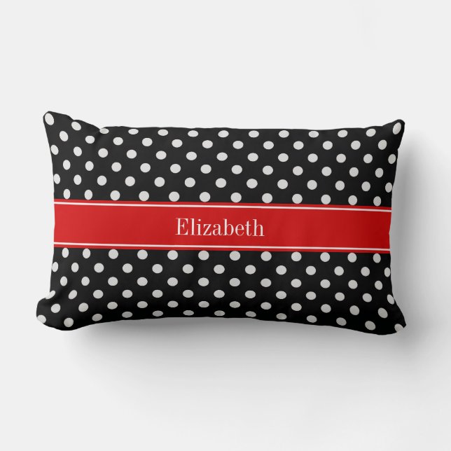 Black and White Polka Dots Red Name Monogram Lumbar Cushion (Front)