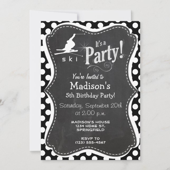 Black and White Polka Dots; Snow Ski Invitation (Front)