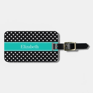 Black and White Polka Dots Teal Name Monogram Luggage Tag