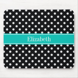 Black and White Polka Dots Teal Name Monogram Mouse Pad