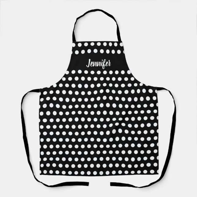 Black and White Polka Dots Womens Personalised Apron (Front)