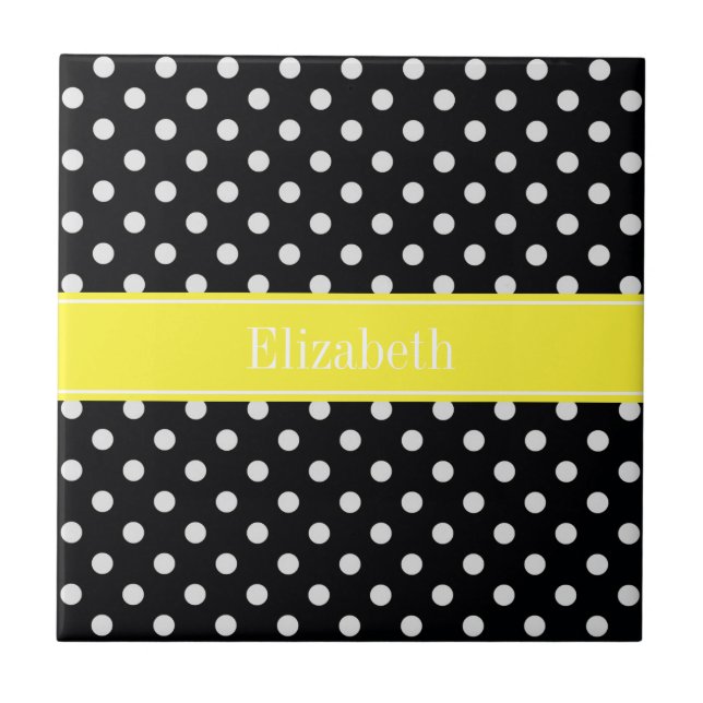 Black and White Polka Dots Yellow Name Monogram Tile (Front)