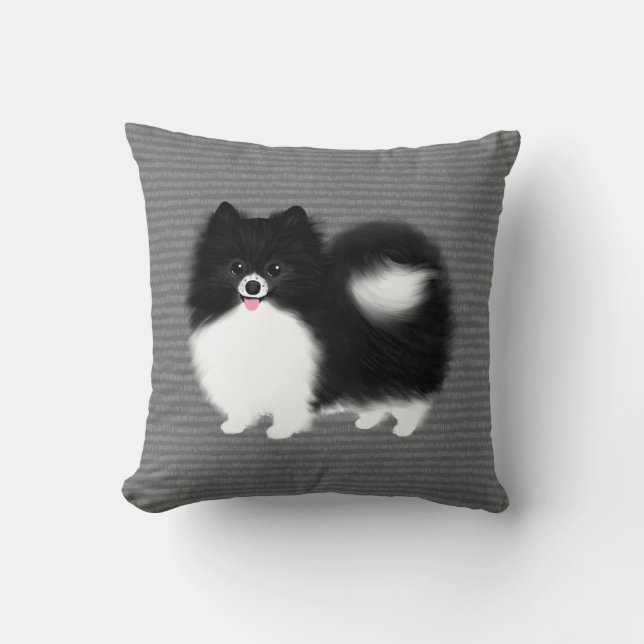 Black and White Pomeranian Happy Fluffy Dog Cushion (Front)