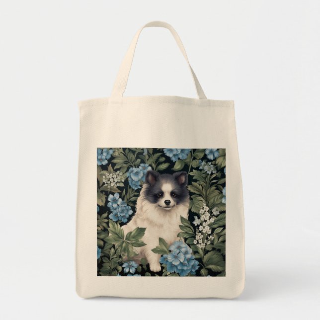 Black and White Pomeranian with Hydrangeas Tote Bag (Front)