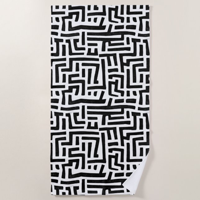 Black and White Pop Art Maze Pattern Beach Towel (Front)