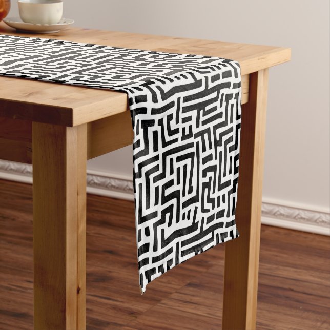 Black and White Pop Art Maze Pattern Short Table Runner (In Situ)