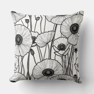 Black and white poppy abstract cushion