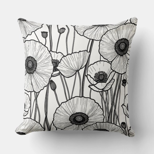 Black and white poppy abstract cushion (Front)
