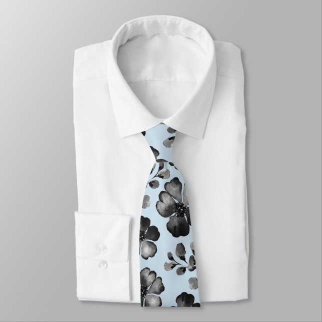 Black And White Poppy Greenery Light Blue Wedding Tie (Tied)