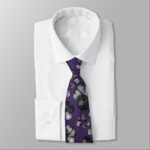 Black And White Poppy Greenery Purple Wedding Tie