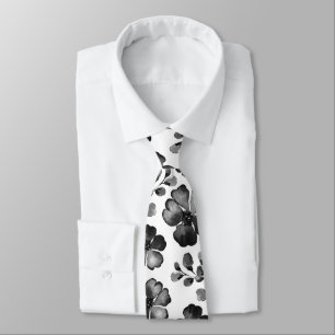 Black And White Poppy Greenery Watercolor Wedding Tie