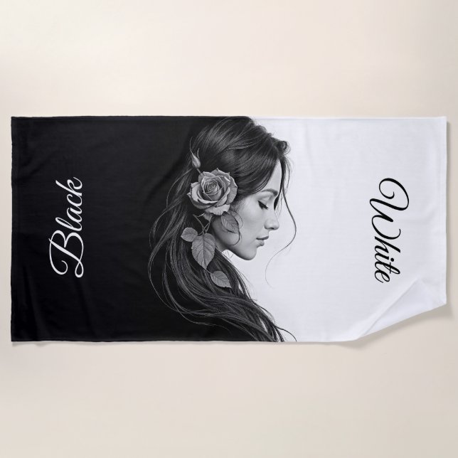 Black and white portrait of beautiful woman art beach towel (Front)