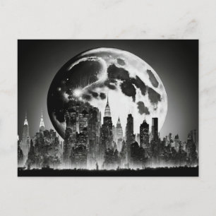 Black and White Postcard of a Full Moon and City