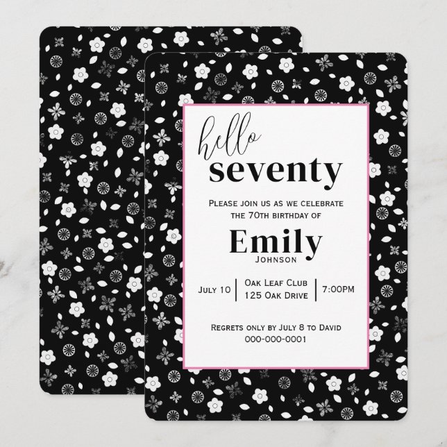 Black and White Posy for 70th Birthday Party Invitation (Front/Back)