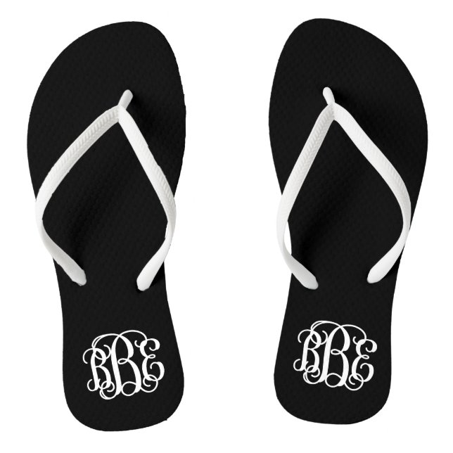 Black and White Preppy Script Monogram Thongs (Footbed)