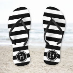 Black and White Preppy Stripes Monogram Thongs<br><div class="desc">Custom printed flip flop sandals with a preppy nautical stripe pattern and your custom monogram or other text in a circle frame. Click Customise It to change text fonts and colours or add your own images to create a unique one of a kind design!</div>