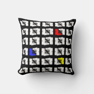 Black and White Primary Colours Geo Sketch Squares Cushion
