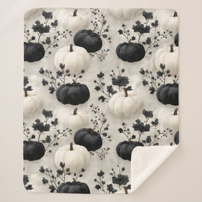 Black and White Pumpkin Fall Design Sherpa Blanket (Front)