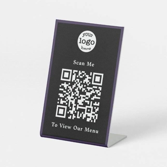 Black and White Purple Logo QR Code Restaurant Pedestal Sign (Front)