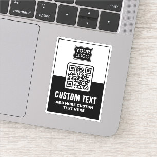 Black and white QR code, logo and custom text