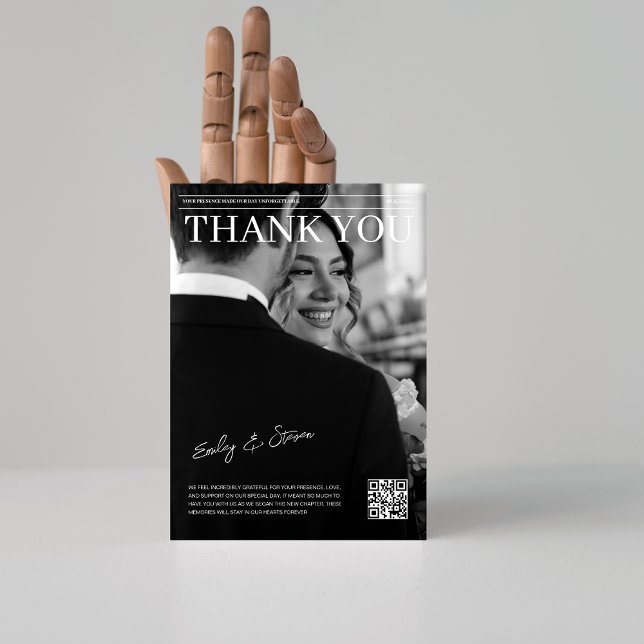 Black and white QR code magazine cover wedding Thank You Card (Creator Uploaded)