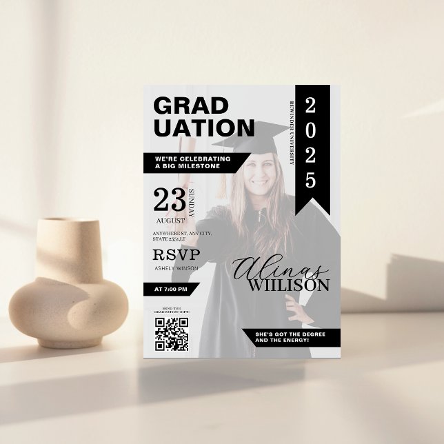 Black and white qr code magazine photo graduation invitation (Creator Uploaded)