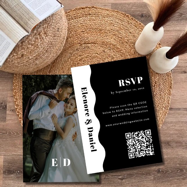 Black and White QR code Side Wave Photo Wedding RSVP Card (Black and White QR code Side Wave Photo Wedding RSVP Card)