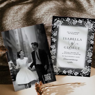 Black and white QR Photo Lace Old Money Wedding Invitation
