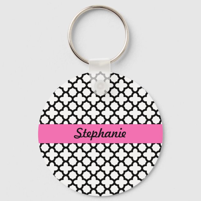 Black and White Quatrefoil Key Ring (Front)