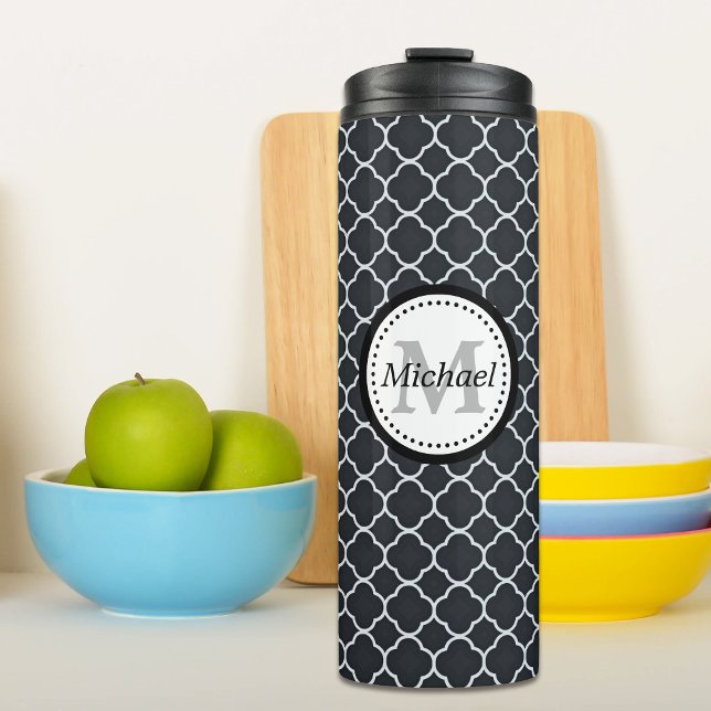 Black and White Quatrefoil Monogram Thermal Tumbler (Creator Uploaded)