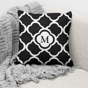 Black And White Quatrefoil Pattern Custom Monogram Cushion