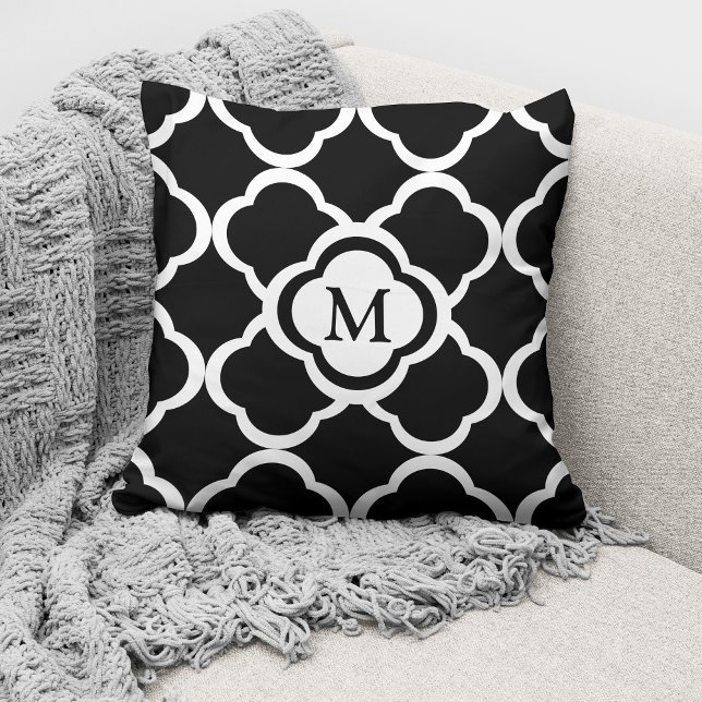 Black And White Quatrefoil Pattern Custom Monogram Cushion (Creator Uploaded)