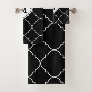 Black and White Quatrefoil Pattern Monogrammed Bath Towel Set
