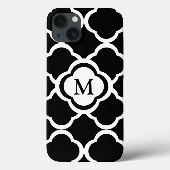 Black and White Quatrefoil personalise Monogram Case-Mate iPhone Case (Back)
