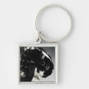 Black and white rabbit with studded collar key ring