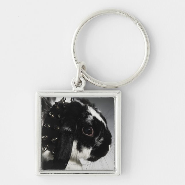 Black and white rabbit with studded collar key ring (Front)