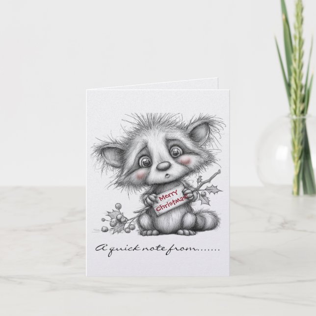 Black and White Raccoon Merry Christmas Sign Note Card (Front)
